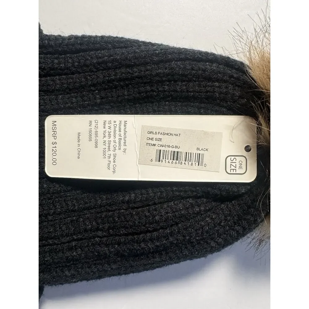 Adrienne Landau Black Ribbed Knit Beanie Faux Fur Pom Pom Hat NWT One Size